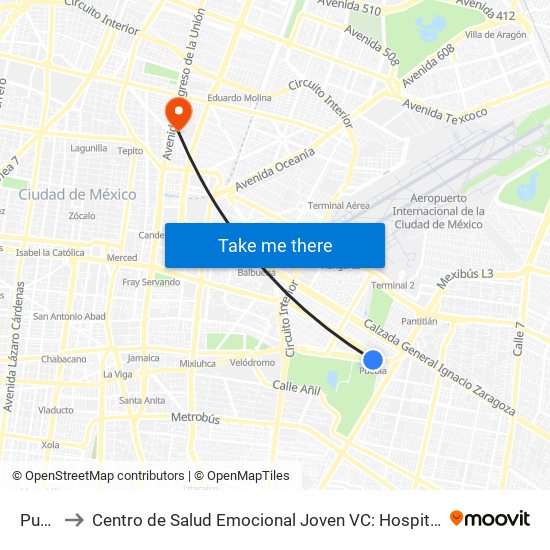 Puebla to Centro de Salud Emocional Joven VC: Hospital de las Emociones map