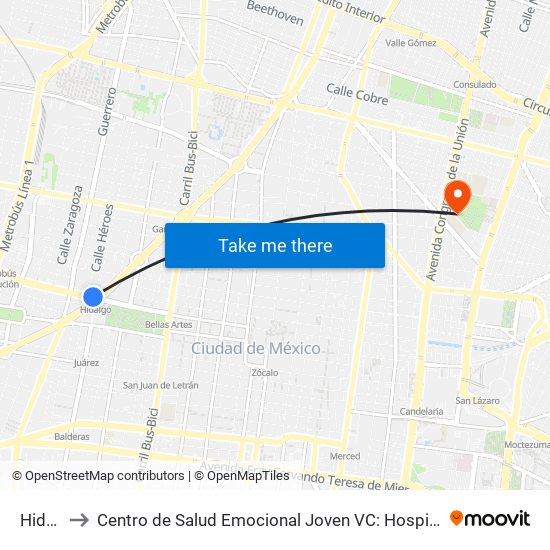 Hidalgo to Centro de Salud Emocional Joven VC: Hospital de las Emociones map