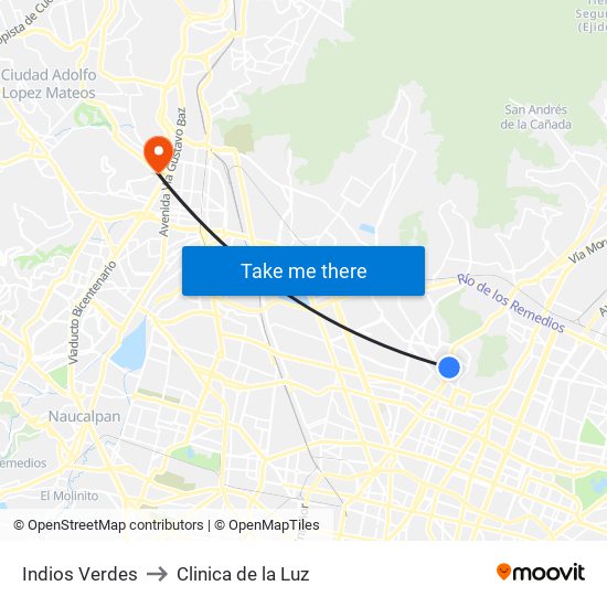 Indios Verdes to Clinica de la Luz map