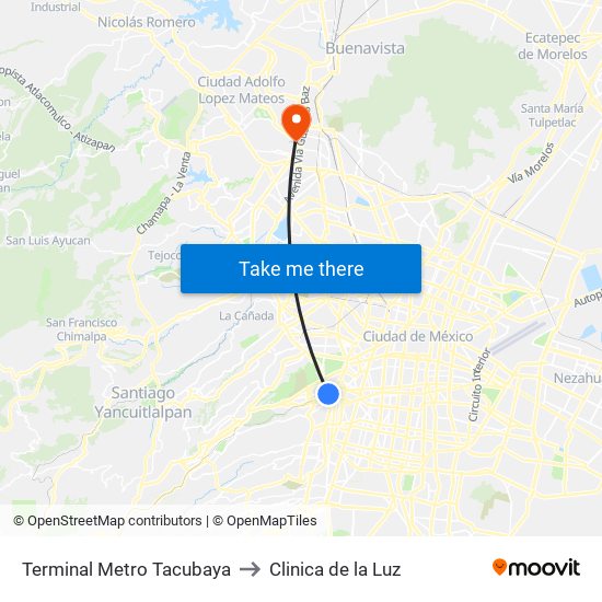 Terminal Metro Tacubaya to Clinica de la Luz map