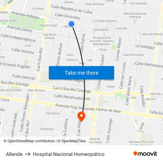 Allende to Hospital Nacional Homeopático map