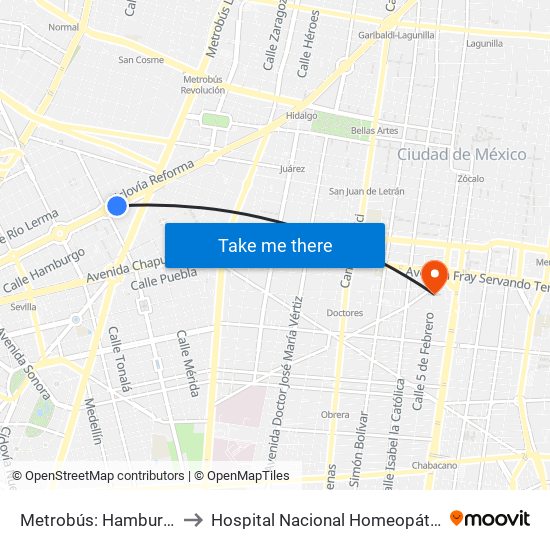 Metrobús: Hamburgo to Hospital Nacional Homeopático map