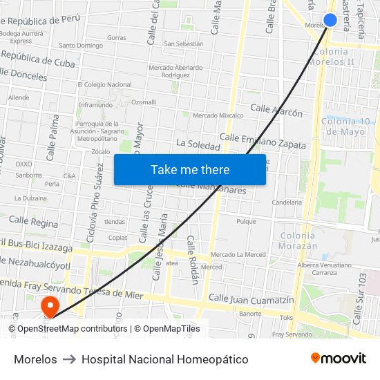 Morelos to Hospital Nacional Homeopático map