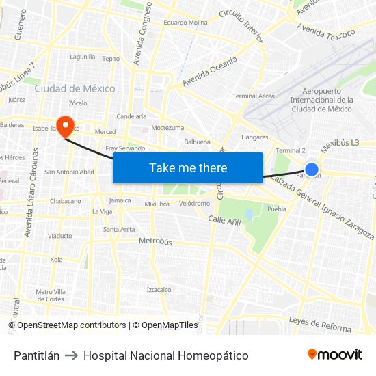 Pantitlán to Hospital Nacional Homeopático map