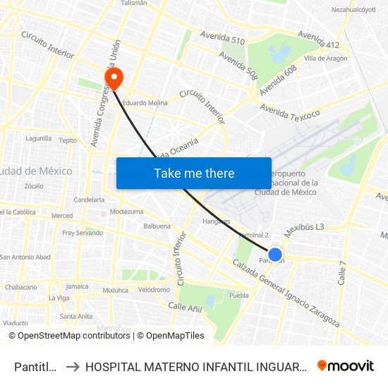 Pantitlán to HOSPITAL MATERNO INFANTIL INGUARAN map