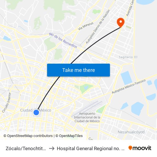 Zócalo/Tenochtitlán to Hospital General Regional no. 196 map