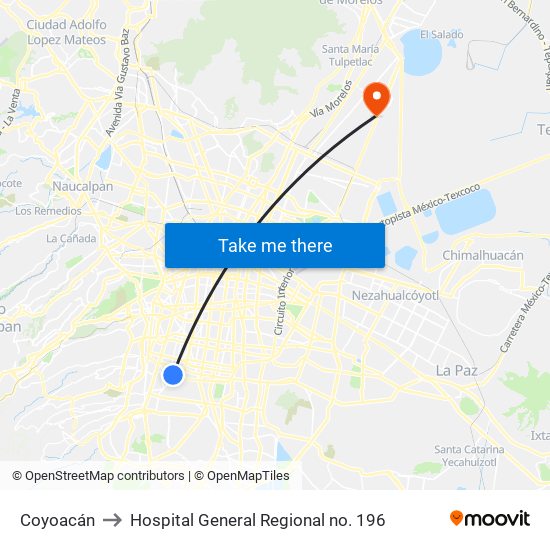 Coyoacán to Hospital General Regional no. 196 map