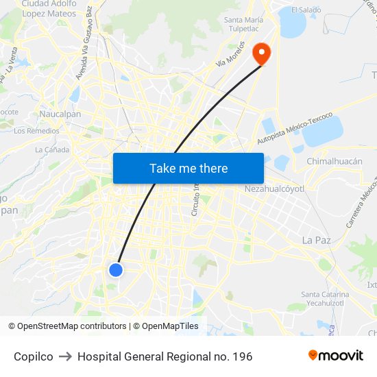 Copilco to Hospital General Regional no. 196 map