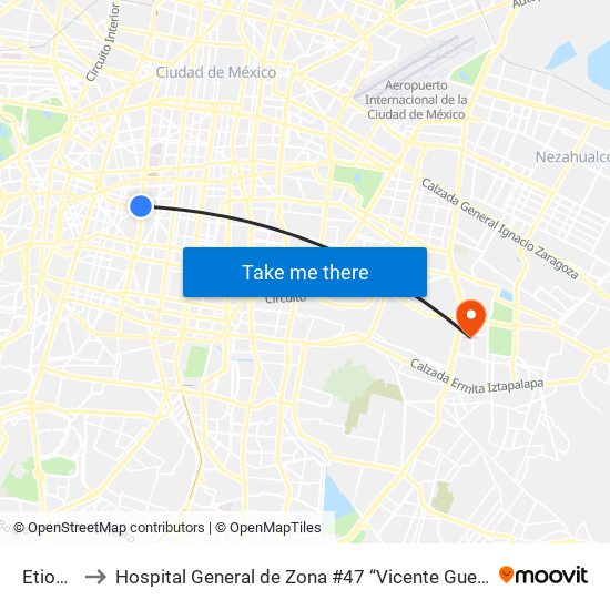 Etiopía to Hospital General de Zona #47 “Vicente Guerrero” map