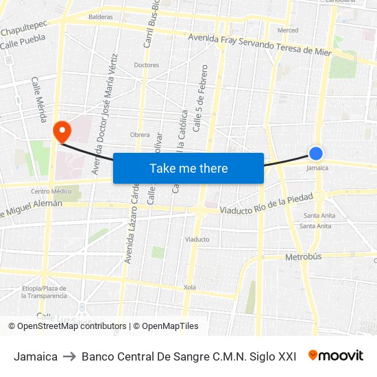 Jamaica to Banco Central De Sangre C.M.N. Siglo XXI map