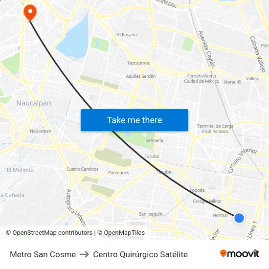 Metro San Cosme to Centro Quirúrgico Satélite map