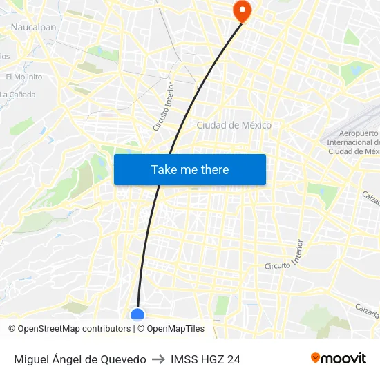 Miguel Ángel de Quevedo to IMSS HGZ 24 map