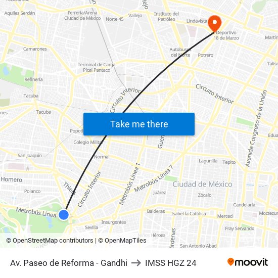 Av. Paseo de Reforma - Gandhi to IMSS HGZ 24 map