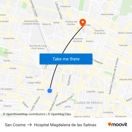 San Cosme to Hospital Magdalena de las Salinas map