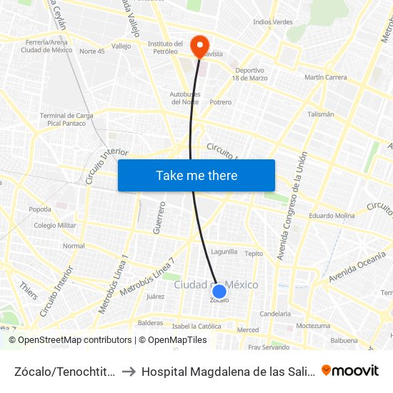 Zócalo/Tenochtitlán to Hospital Magdalena de las Salinas map