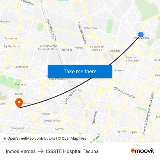 Indios Verdes to ISSSTE Hospital Tacuba map