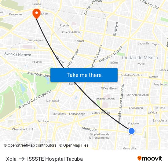 Xola to ISSSTE Hospital Tacuba map