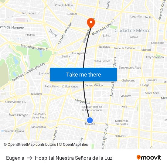 Eugenia to Hospital Nuestra Señora de la Luz map