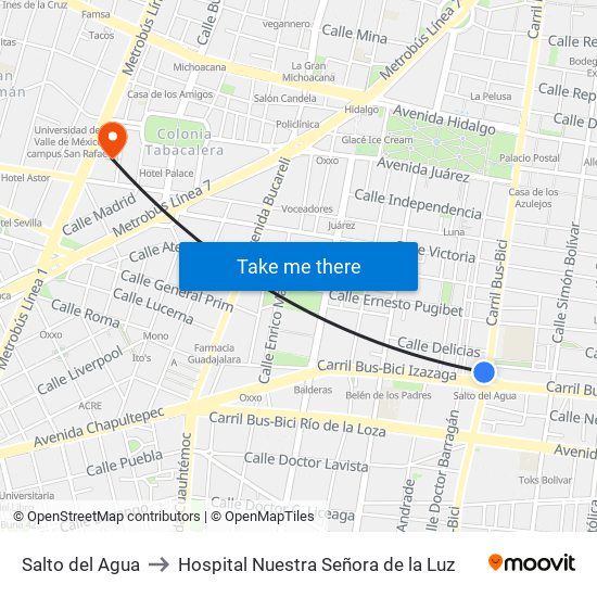 Salto del Agua to Hospital Nuestra Señora de la Luz map