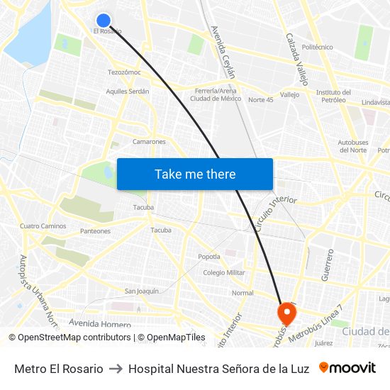 Metro El Rosario to Hospital Nuestra Señora de la Luz map