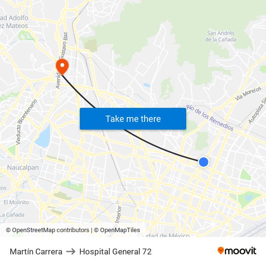 Martín Carrera to Hospital General 72 map