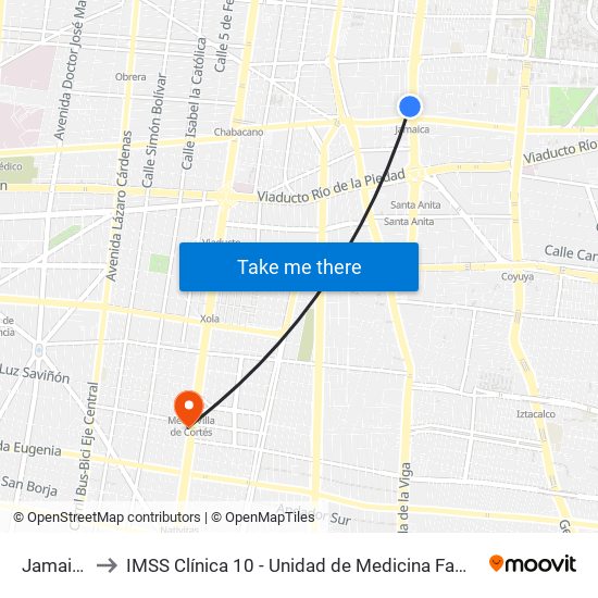 Jamaica to IMSS Clínica 10 - Unidad de Medicina Familiar map