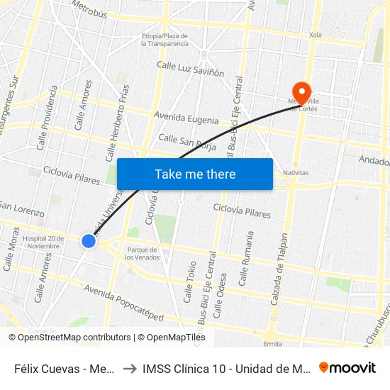 Félix Cuevas - Metro Zapata to IMSS Clínica 10 - Unidad de Medicina Familiar map
