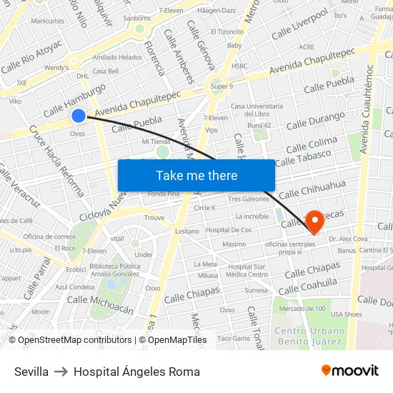 Sevilla to Hospital Ángeles Roma map