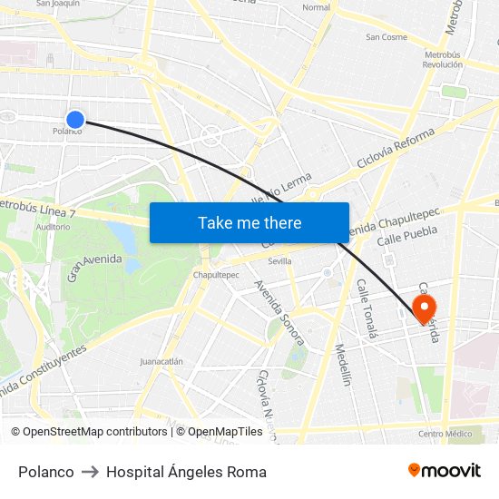 Polanco to Hospital Ángeles Roma map