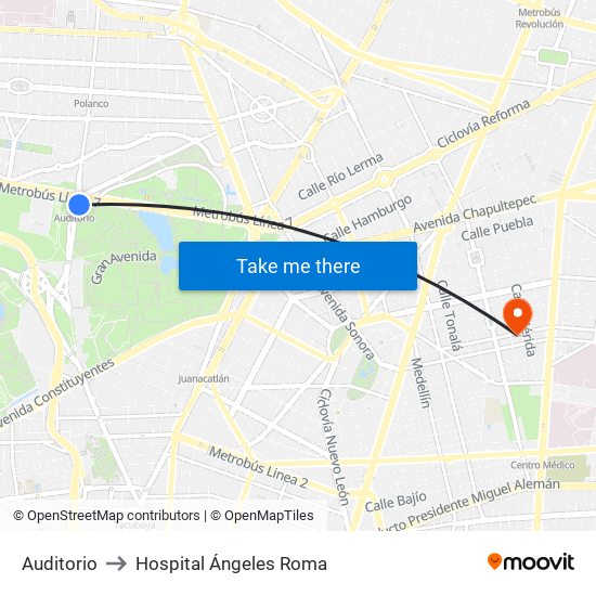 Auditorio to Hospital Ángeles Roma map