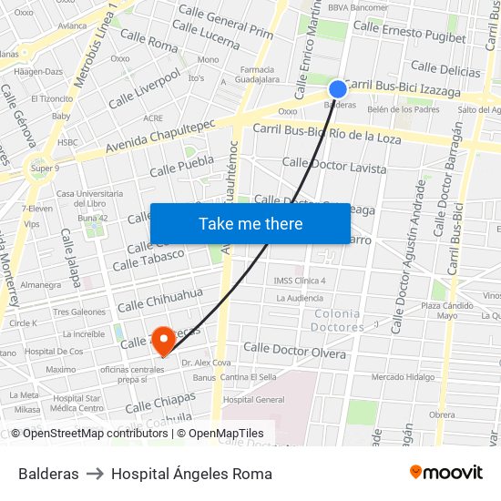 Balderas to Hospital Ángeles Roma map