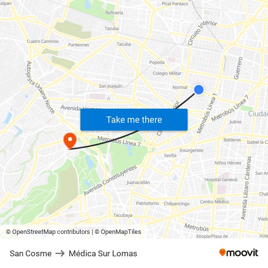 San Cosme to Médica Sur Lomas map