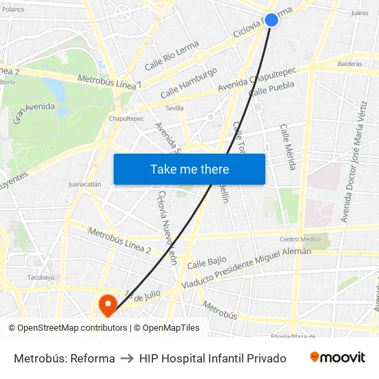 Metrobús: Reforma to HIP Hospital Infantil Privado map