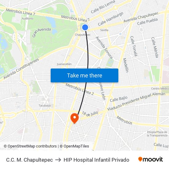 C.C. M. Chapultepec to HIP Hospital Infantil Privado map