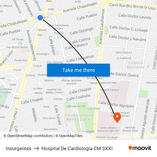 Insurgentes to Hospital De Cardiologia CM SXXI map