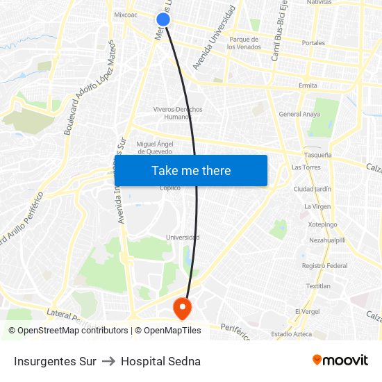 Insurgentes Sur to Hospital Sedna map