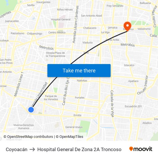 Coyoacán to Hospital General De Zona 2A  Troncoso map