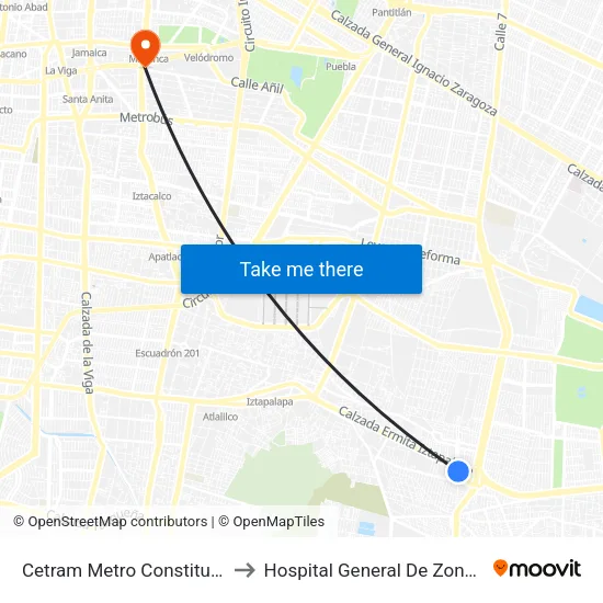 Cetram Metro Constitución de 1917 to Hospital General De Zona 2A  Troncoso map