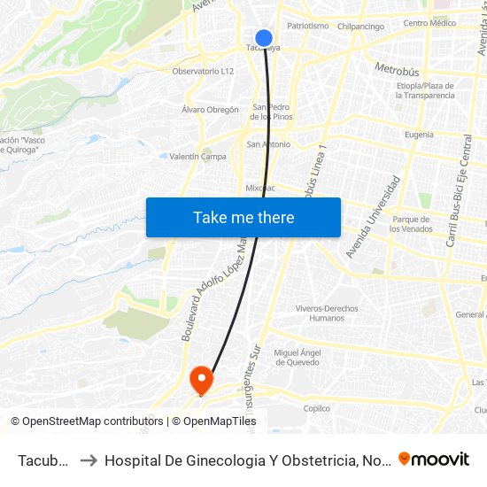 Tacubaya to Hospital De Ginecologia Y Obstetricia, No 4 IMSS map