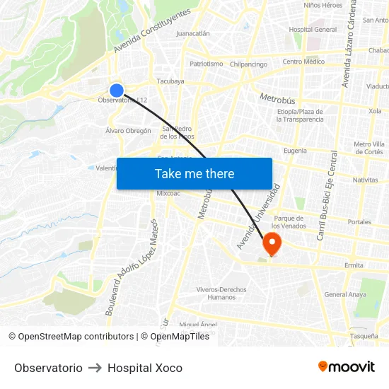 Observatorio to Hospital Xoco map