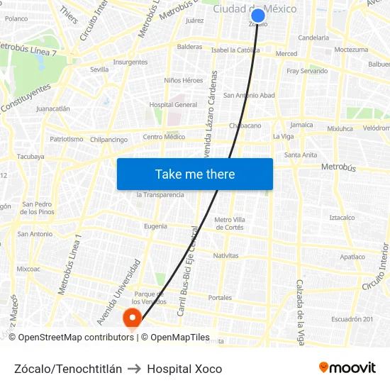 Zócalo/Tenochtitlán to Hospital Xoco map