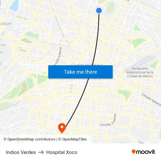Indios Verdes to Hospital Xoco map