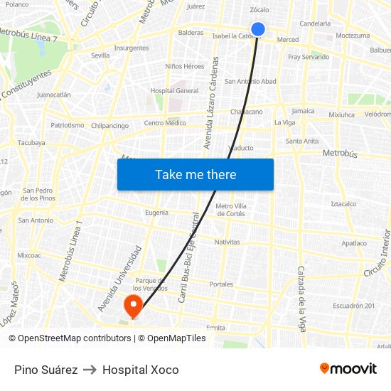 Pino Suárez to Hospital Xoco map