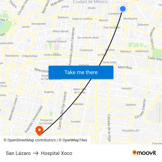 San Lázaro to Hospital Xoco map
