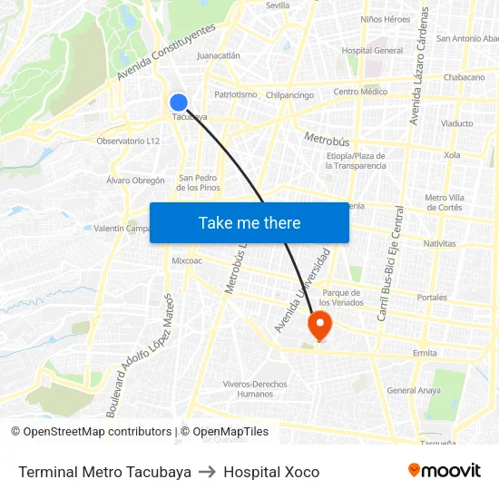 Terminal Metro Tacubaya to Hospital Xoco map