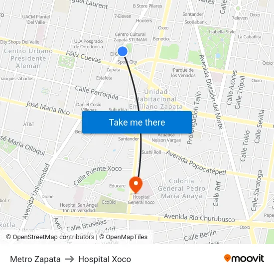 Metro Zapata to Hospital Xoco map