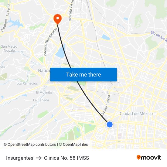 Insurgentes to Clinica No. 58 IMSS map