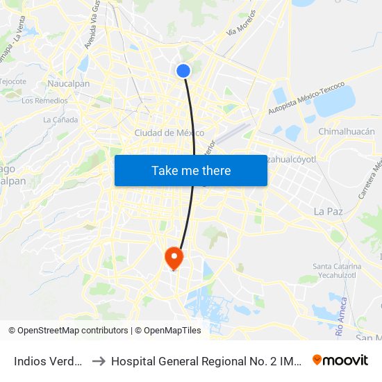 Indios Verdes to Hospital General Regional No. 2 IMSS map