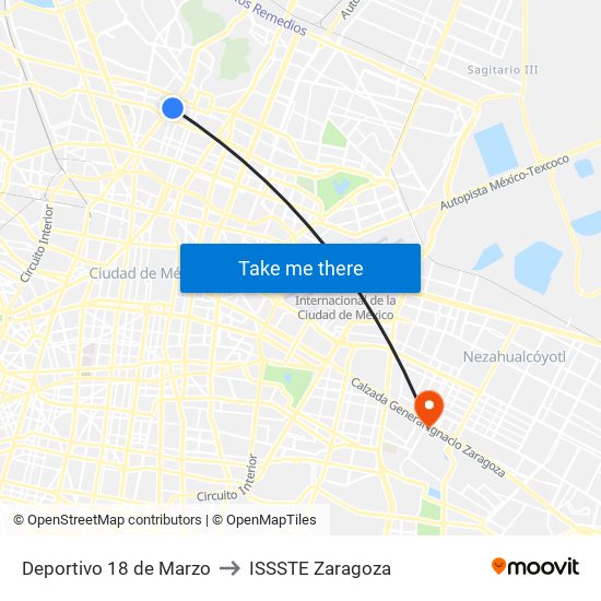 Deportivo 18 de Marzo to ISSSTE Zaragoza map