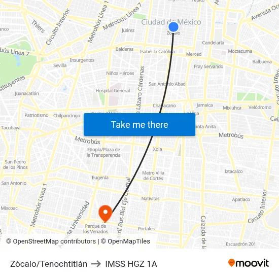 Zócalo/Tenochtitlán to IMSS HGZ 1A map